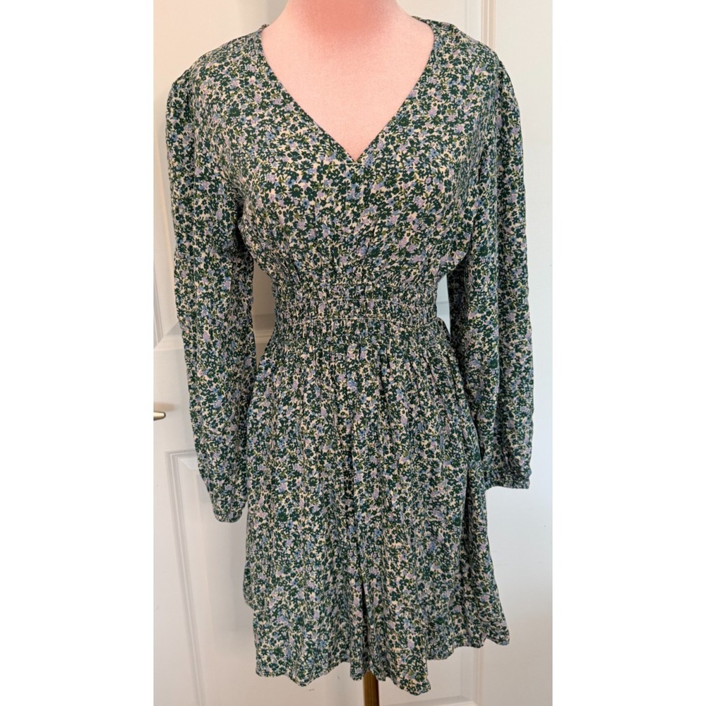 Gap Floral Smocked Waist Dress M Green Blue Purple V Neck Long Sleeve EUC